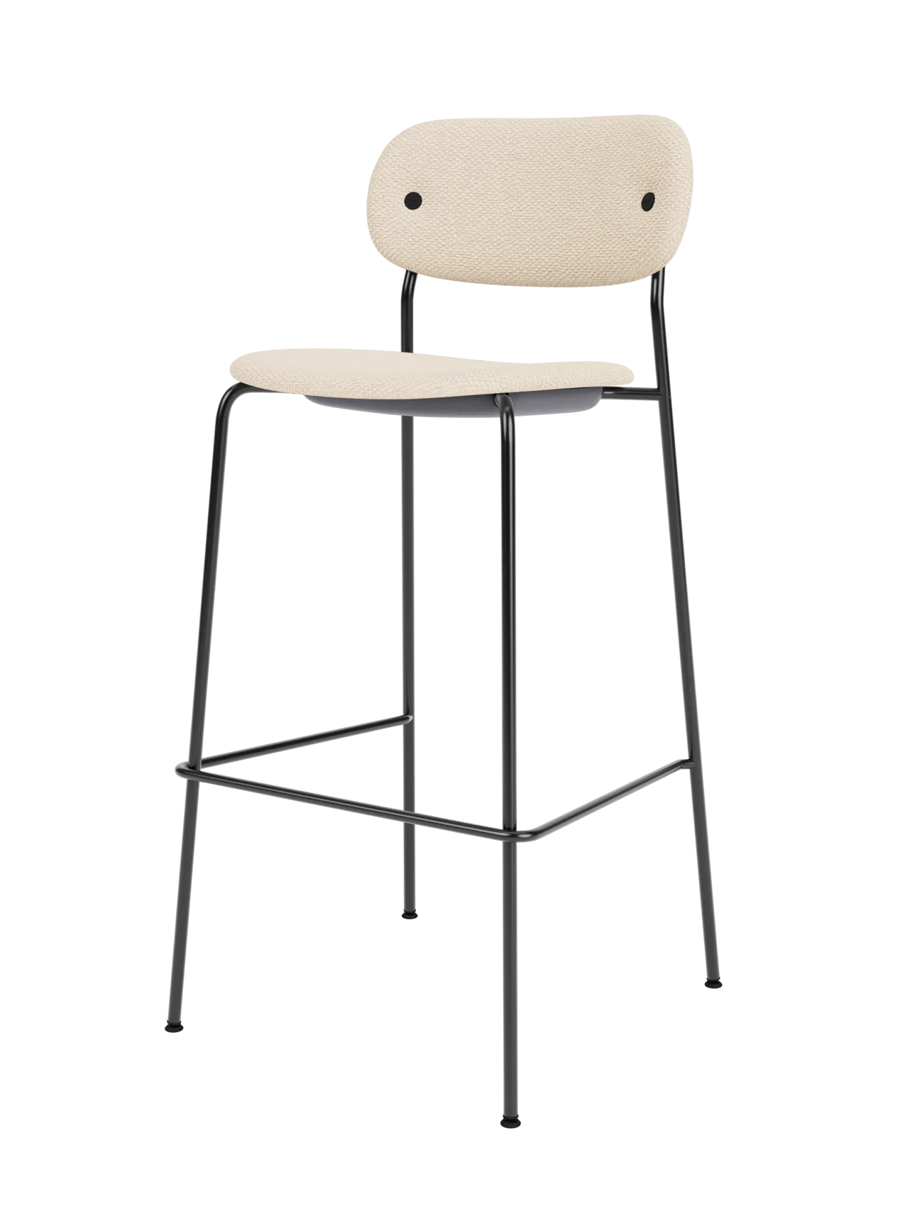 Fully upholstered Co Bar Chair in Logan Jasmine fabric with a minimalist black tubular steel frame and footrest.