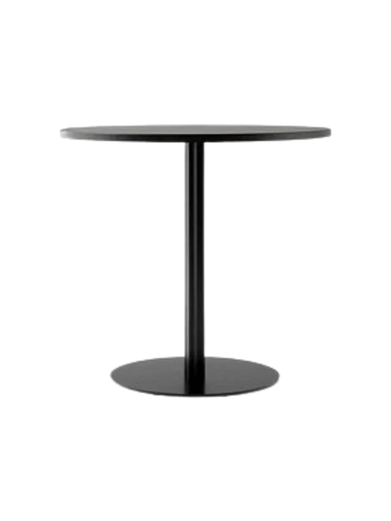 A Harbour Column Dining Table with a round, black oak veneer top and a matching black metal column with a circular base.