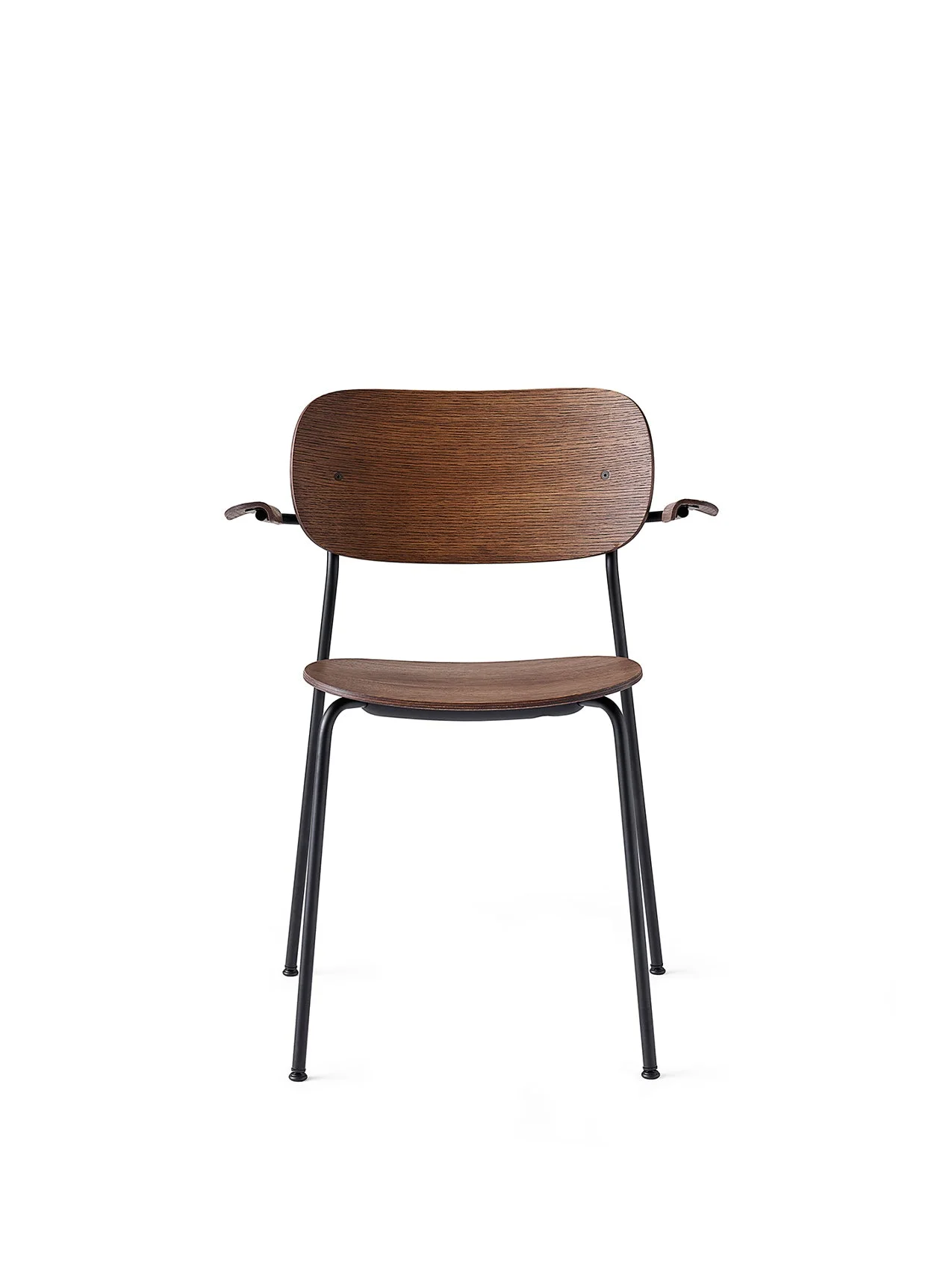 Front view of the Co Dining Chair with armrests, featuring a smoked oak veneer seat and back on a slender, black steel frame.