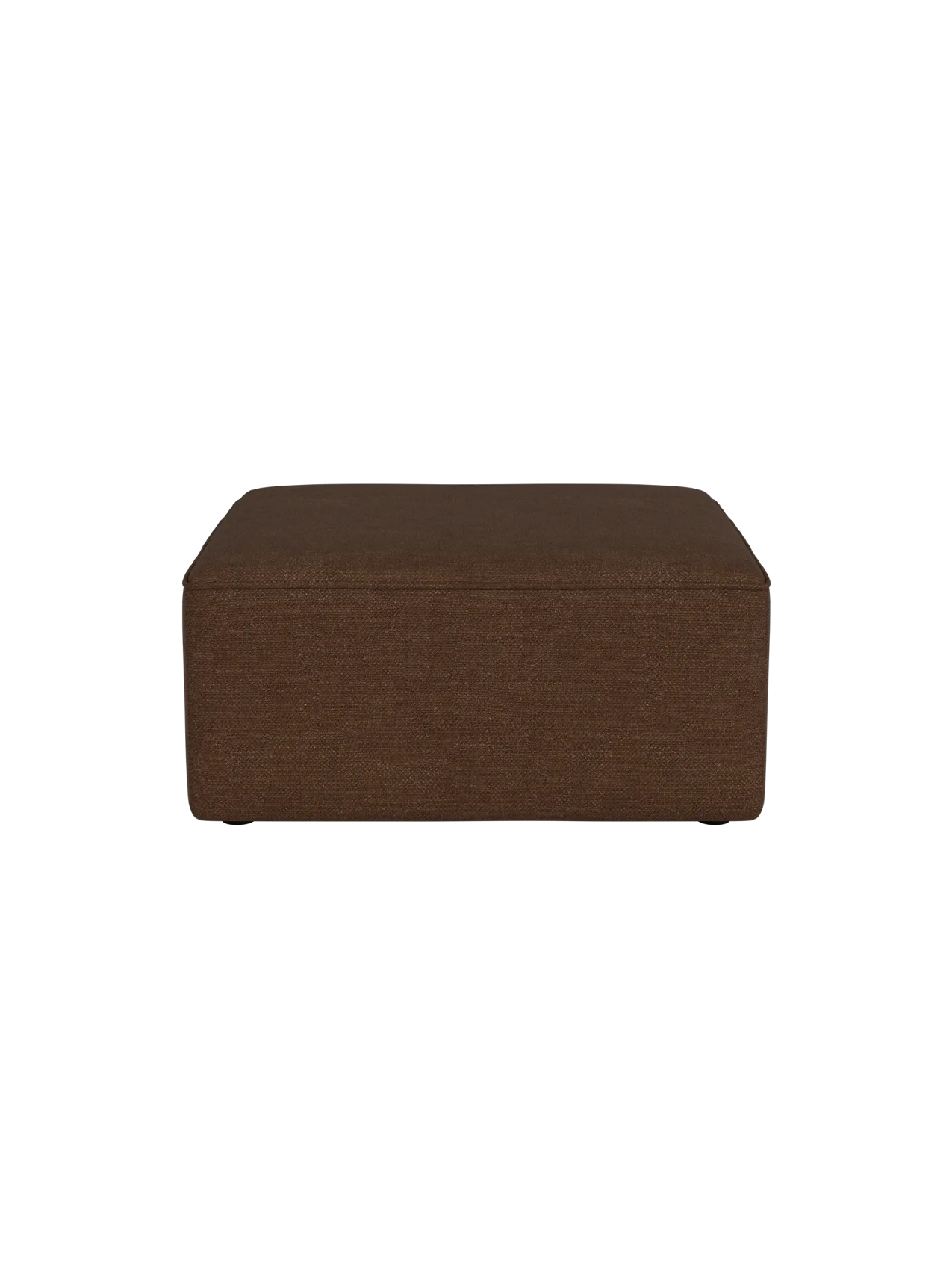 A side view of the square Eave Modular Sofa 86 Pouf, upholstered in a textured, brown Audo Bouclé 07 fabric.