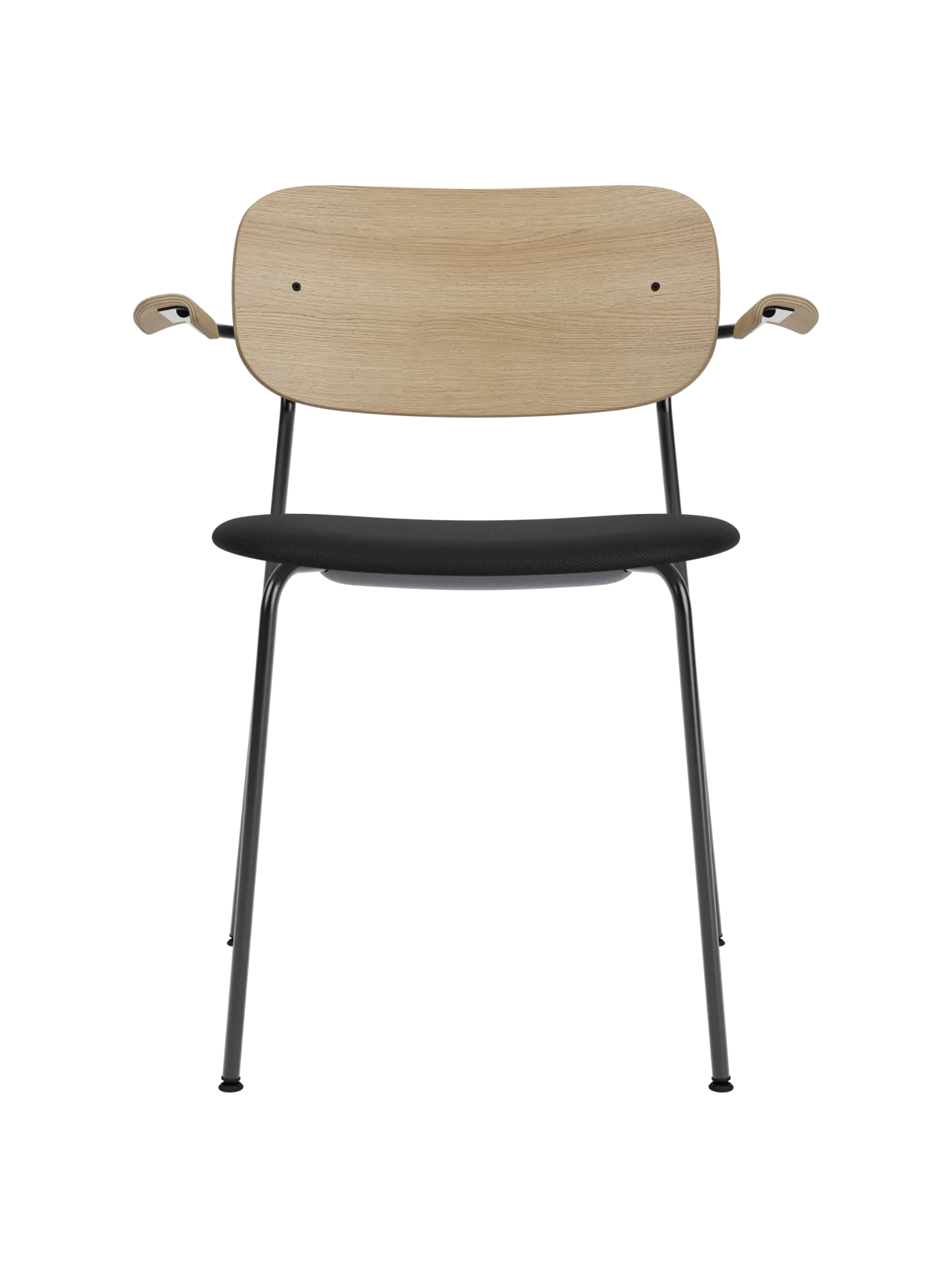 Co Dining Chair with armrests, natural oak backrest and black upholstered seat on a minimalist black steel frame.