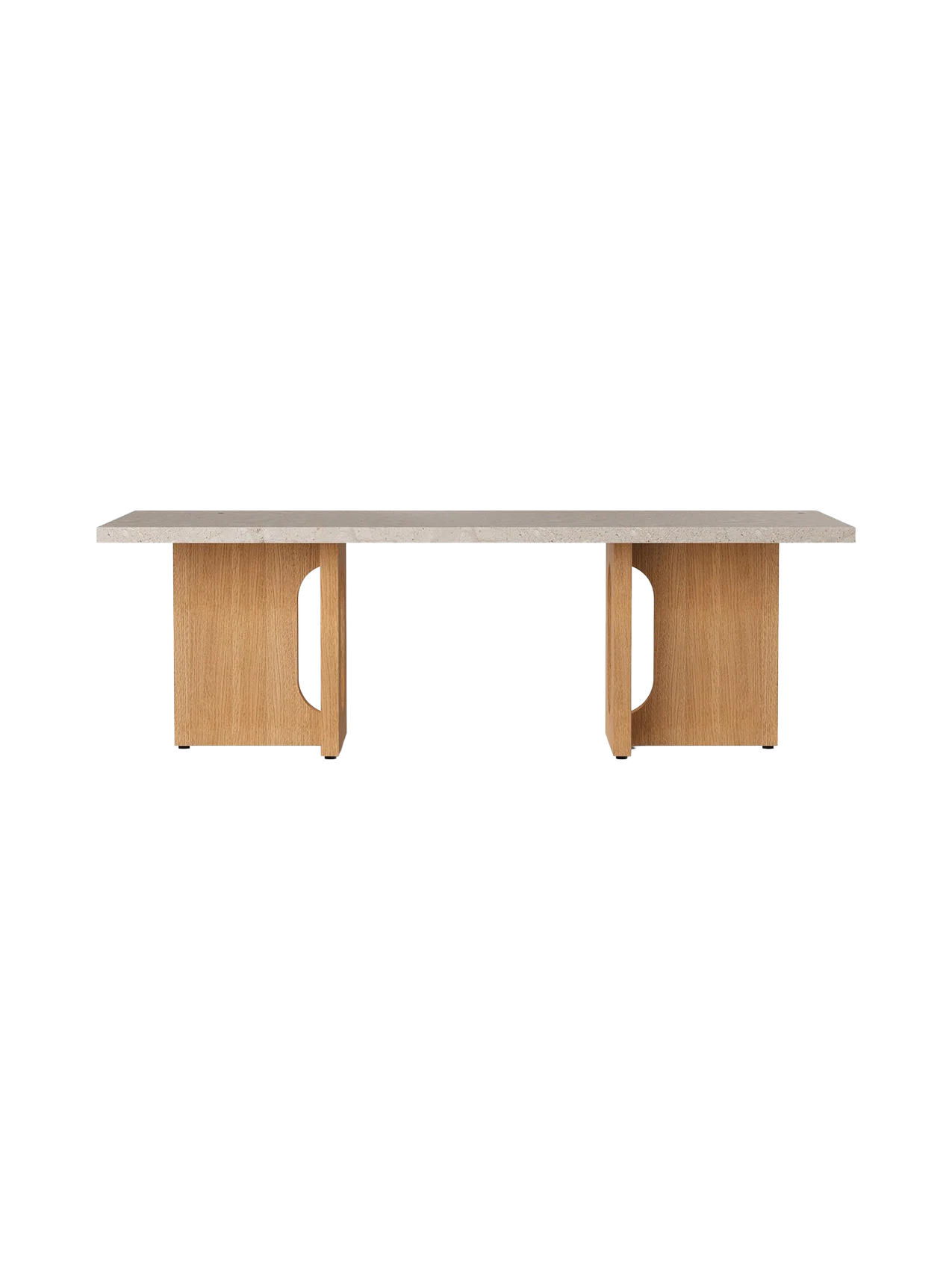 Front-on view of the Androgyne Lounge Table, featuring a rectangular Kunis Breccia stone top and a natural oak wood base.