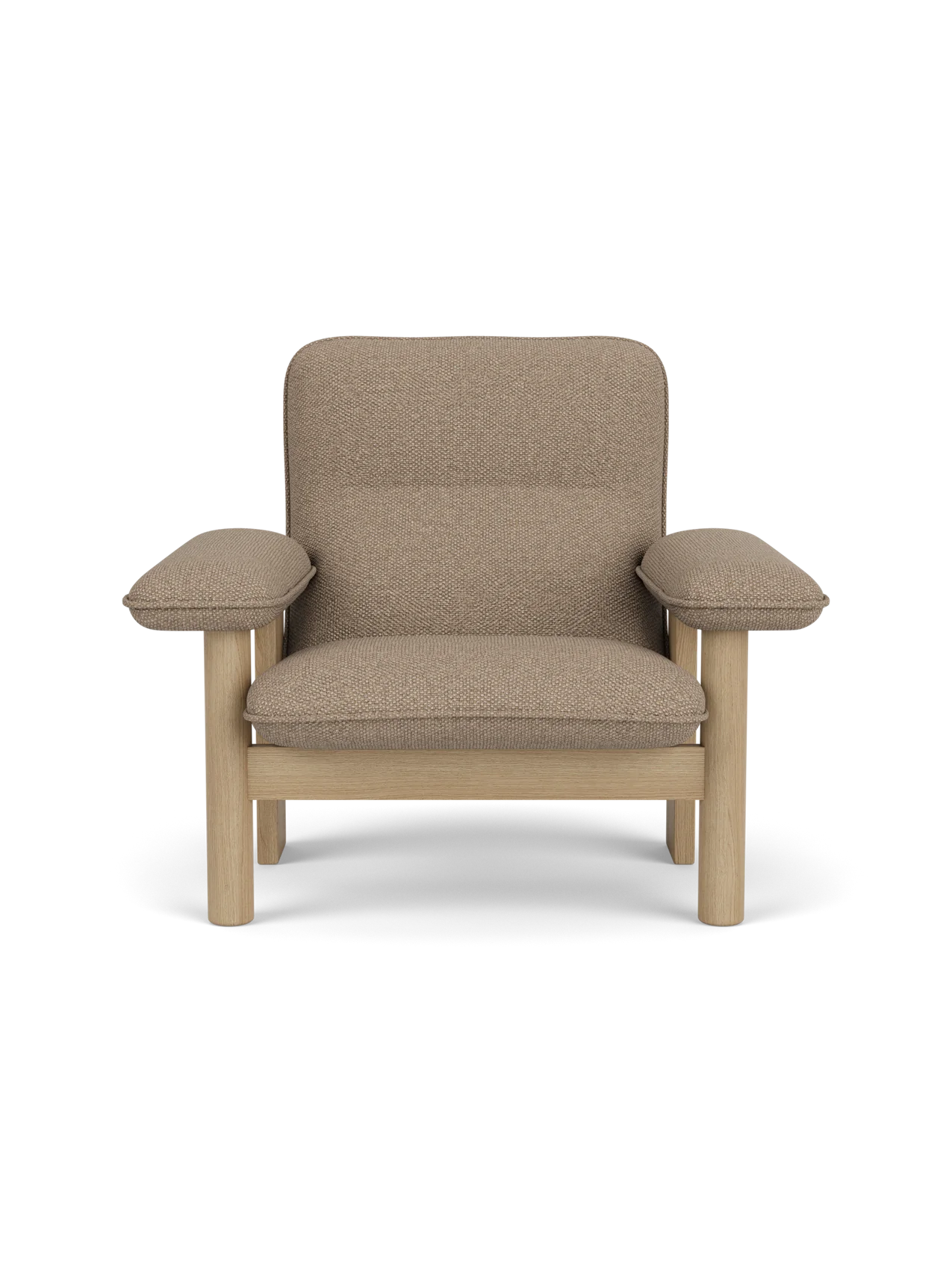 Front view of the Brasilia Lounge Chair with a high back, upholstered in textured Logan Flint fabric on a natural oak frame.