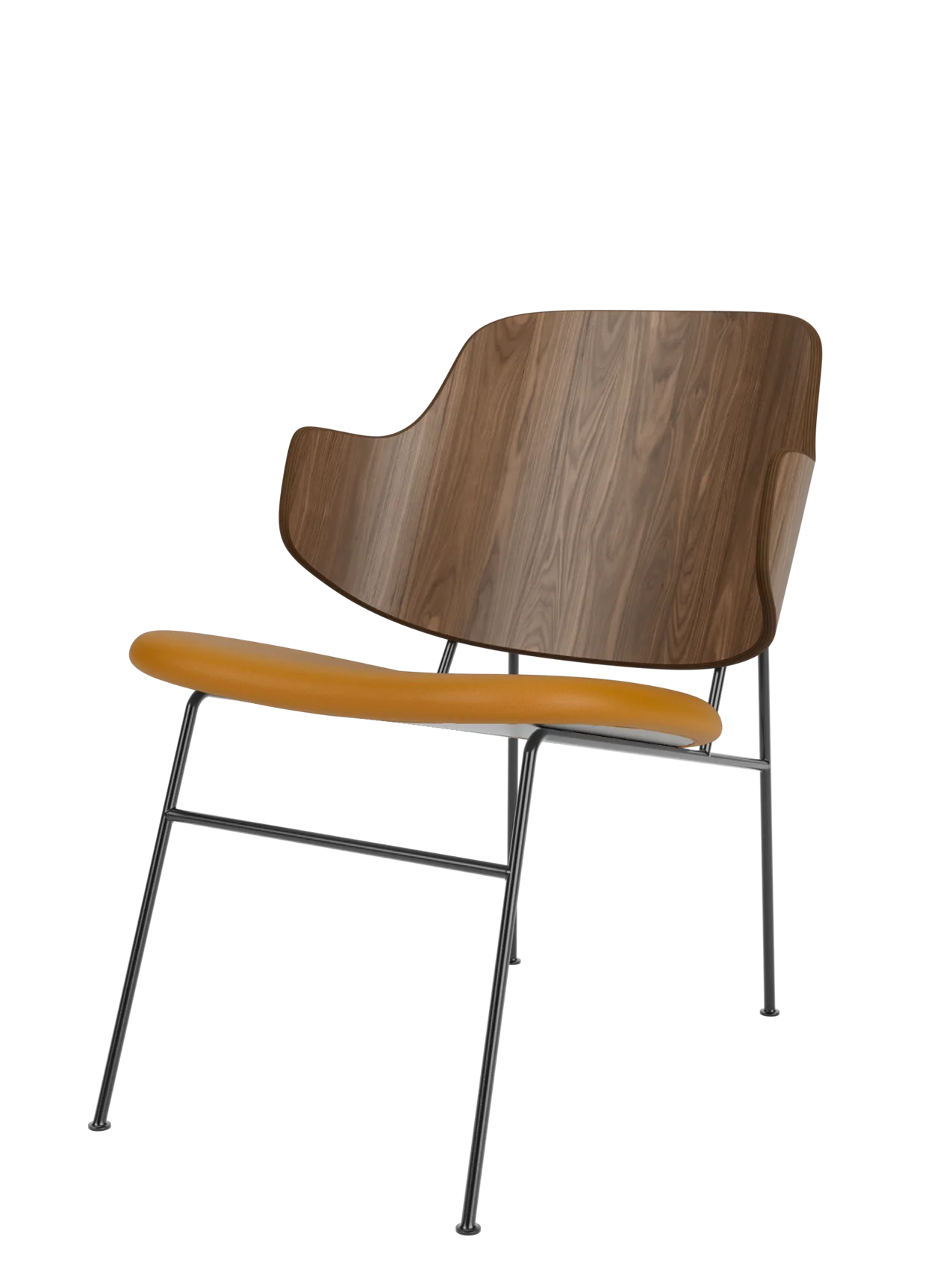 The Penguin Lounge Chair, featuring a curved walnut veneer backrest and a tan upholstered seat on a thin black metal frame.