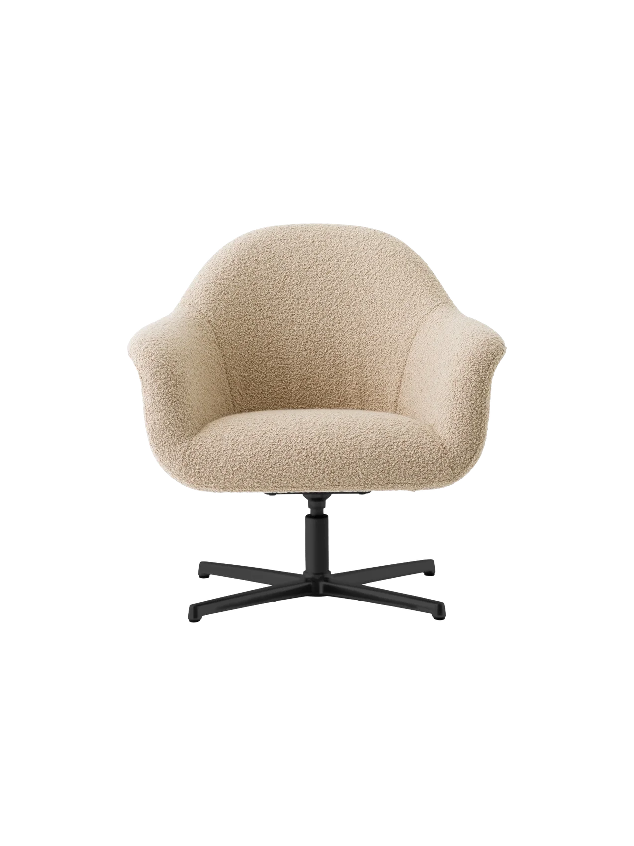 Front view of the Harbour Lounge Chair upholstered in light beige bouclé fabric with a black star swivel base.