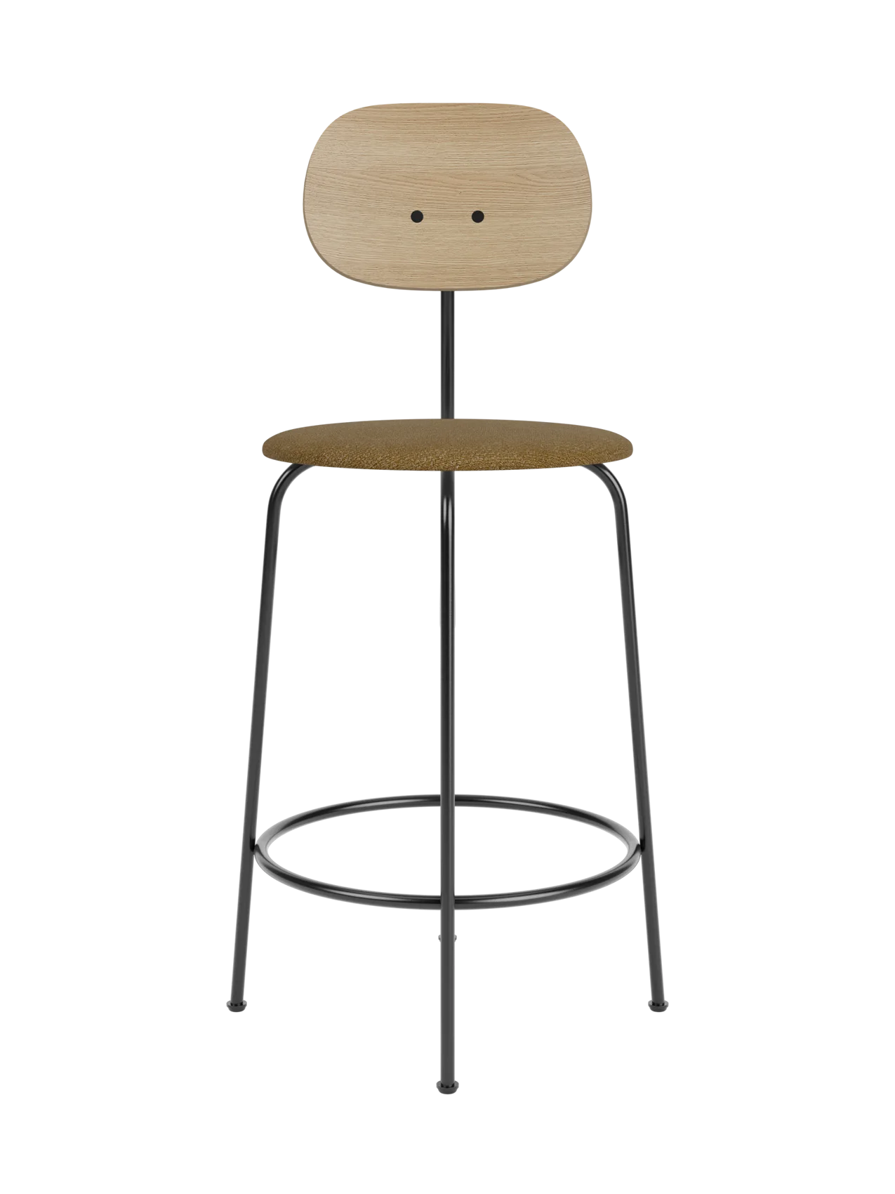 Afteroom Counter Chair Plus with natural oak back and brown bouclé upholstered seat on a black steel frame.