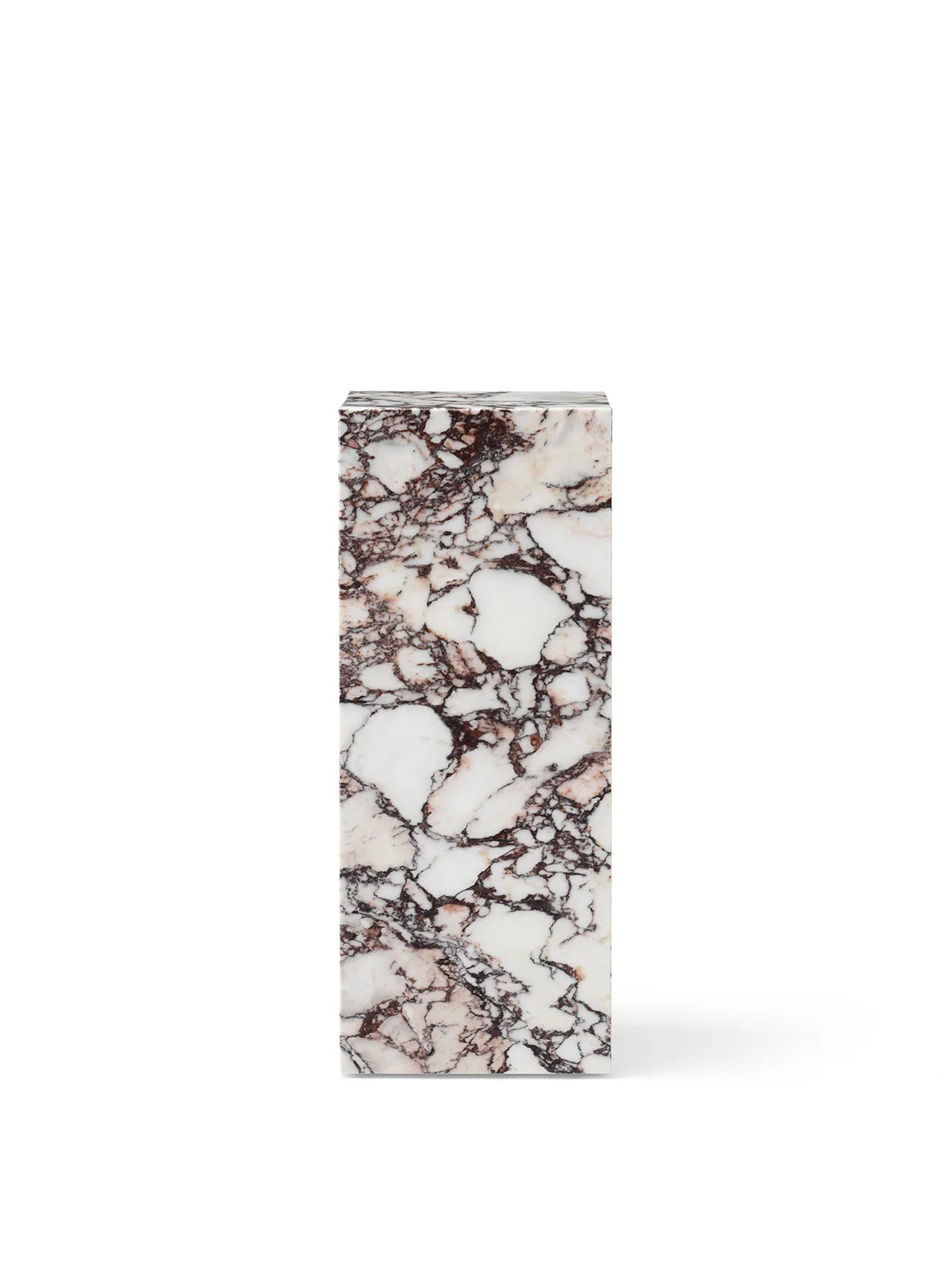 Front view of the rectangular Plinth Pedestal in Calacatta Viola marble, showing its dramatic burgundy and grey veining.