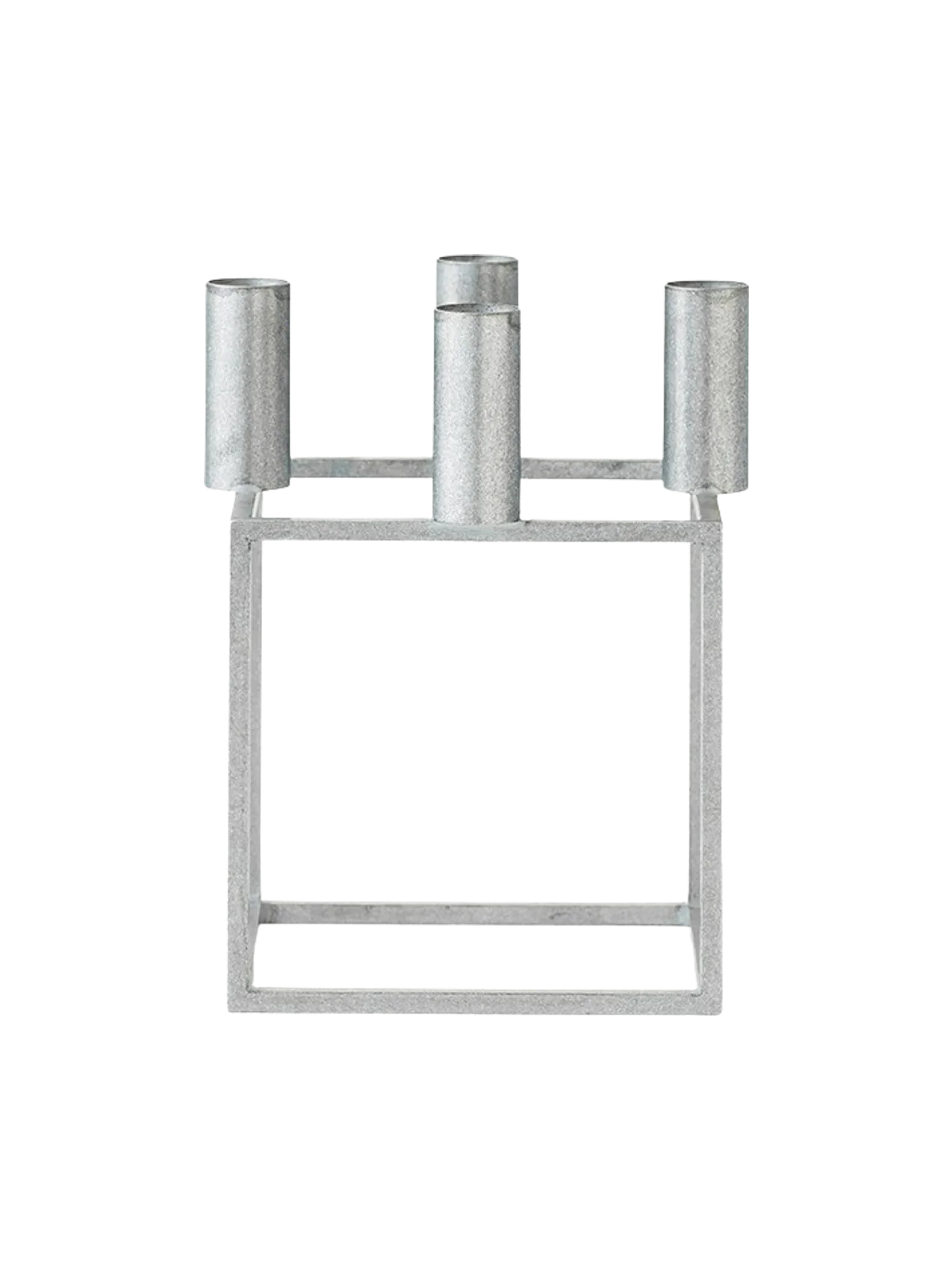 Front view of the Kubus 4 candle holder, with its square frame and four cylindrical sockets in a textured zinc finish.