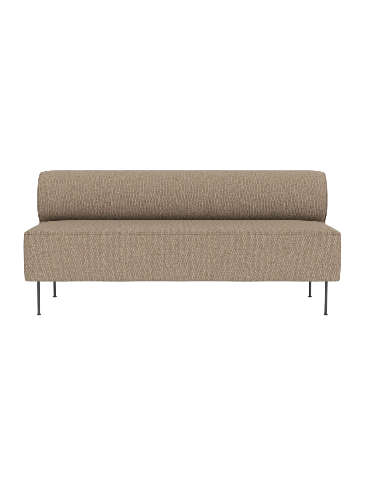 Front view of the Eave Dining Sofa in Logan Flint, a light brown textured fabric with a long seat and cylindrical backrest.