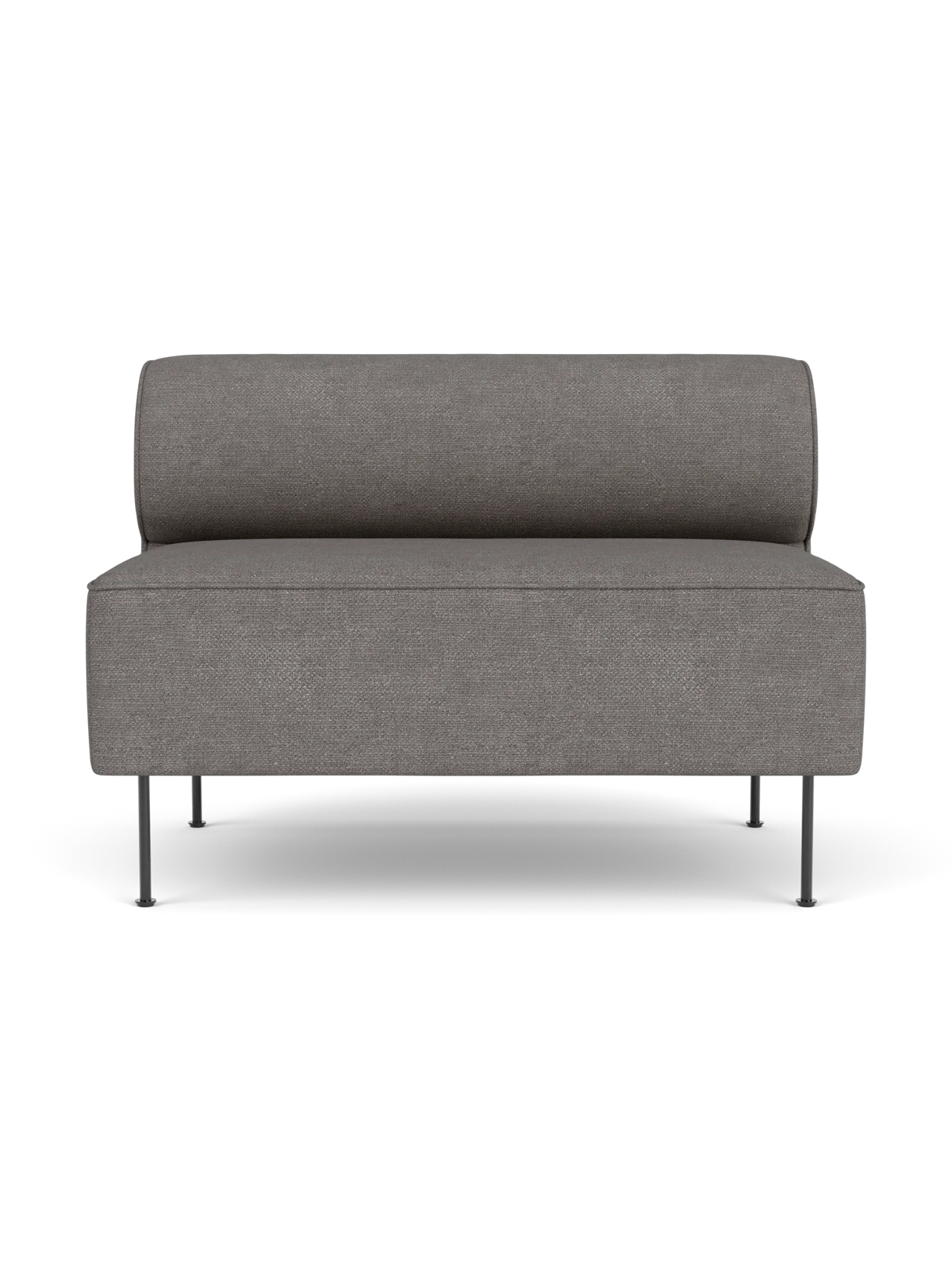 Front view of the Eave Dining Sofa, an open section module, upholstered in textured, grey Audo Bouclé 16 fabric on slim legs.