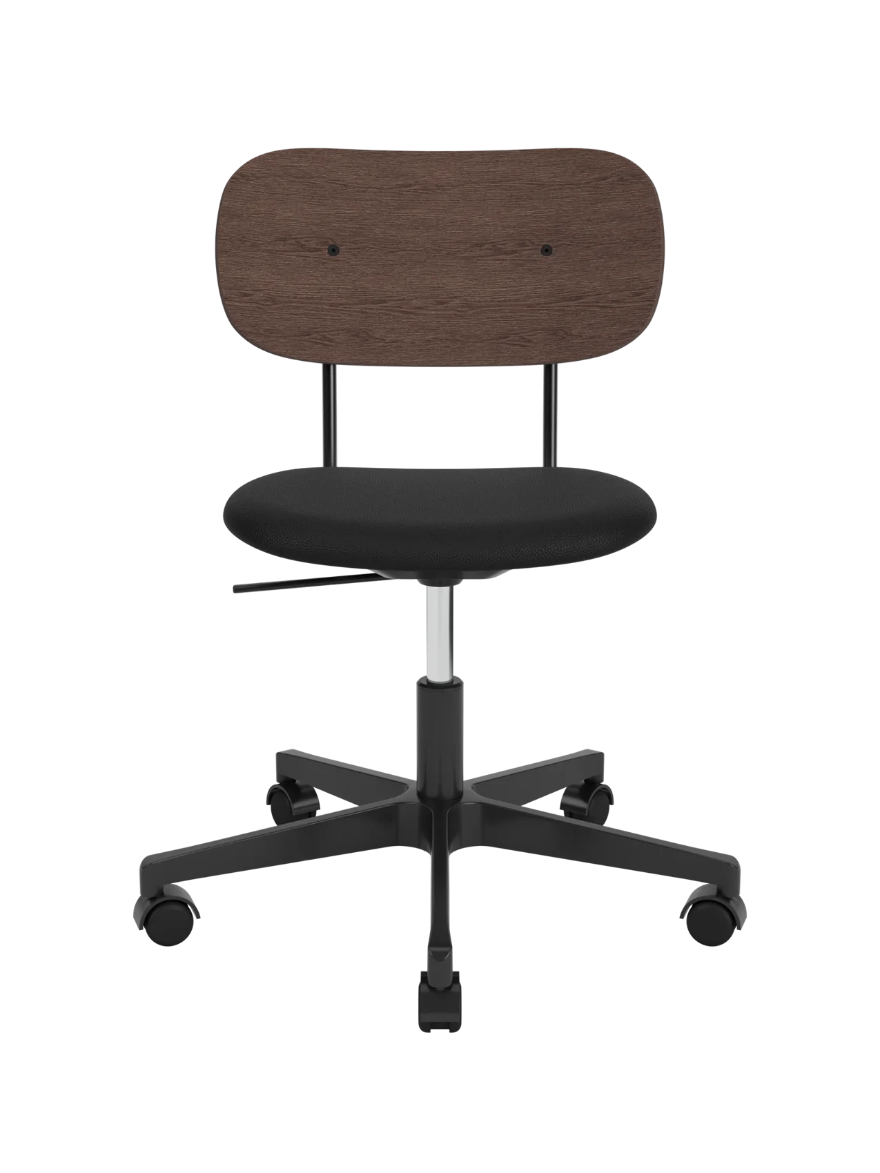 Co Task Chair with a dark stained oak backrest and black upholstered seat on a height-adjustable black swivel base.