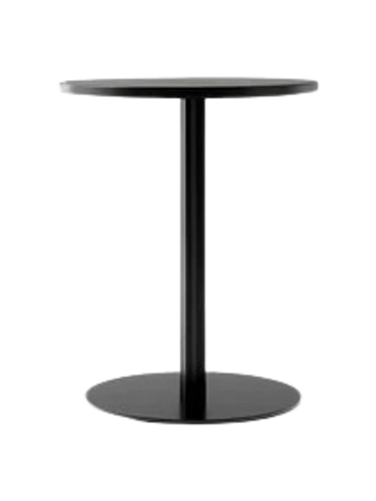 Front view of the black Harbour Column Dining Table with a round charcoal linoleum top and a slim column with a round base.