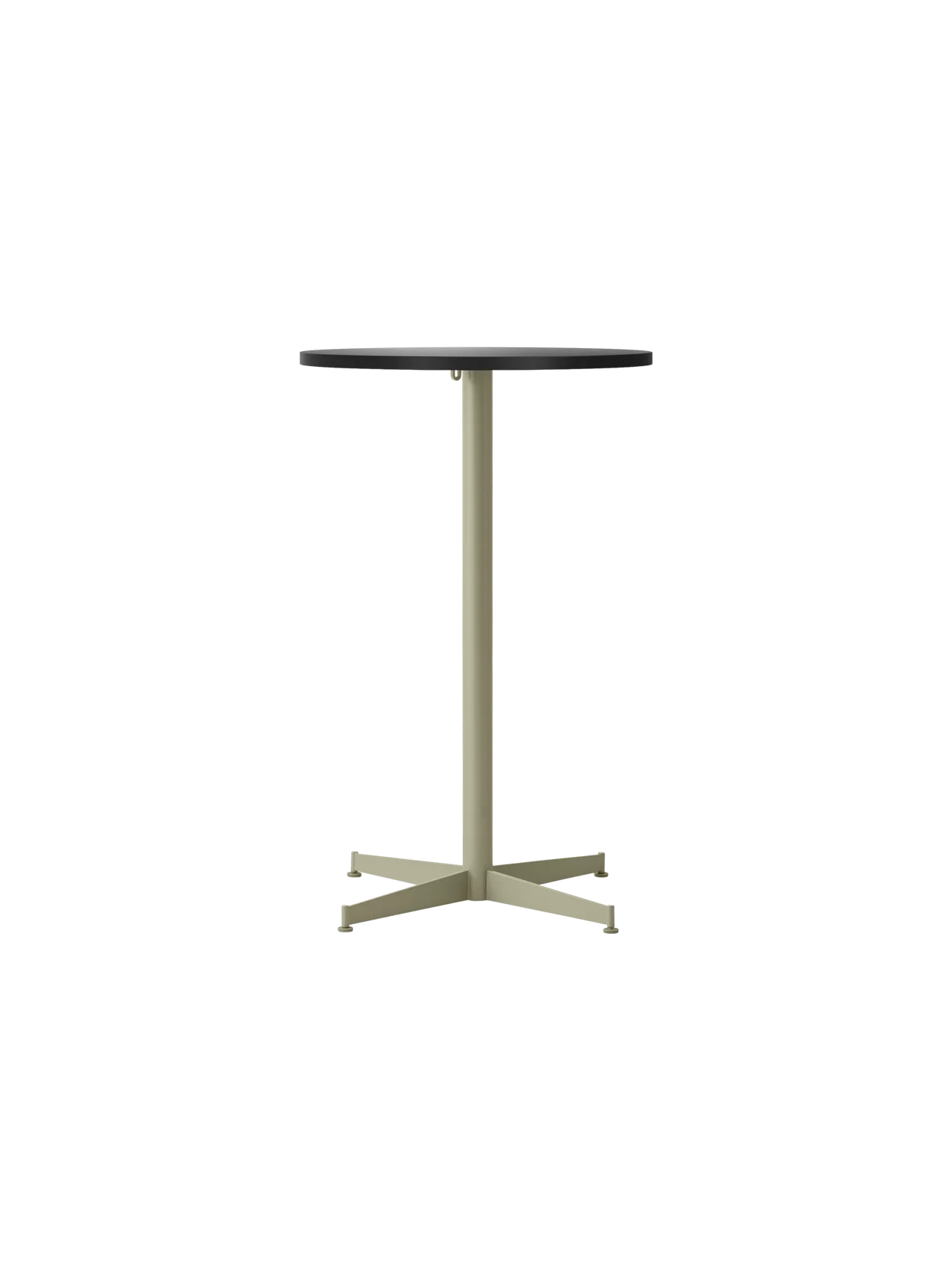 A front view of the Nook Counter Table, featuring a round, charcoal linoleum tabletop and a slender, olive-coloured base.
