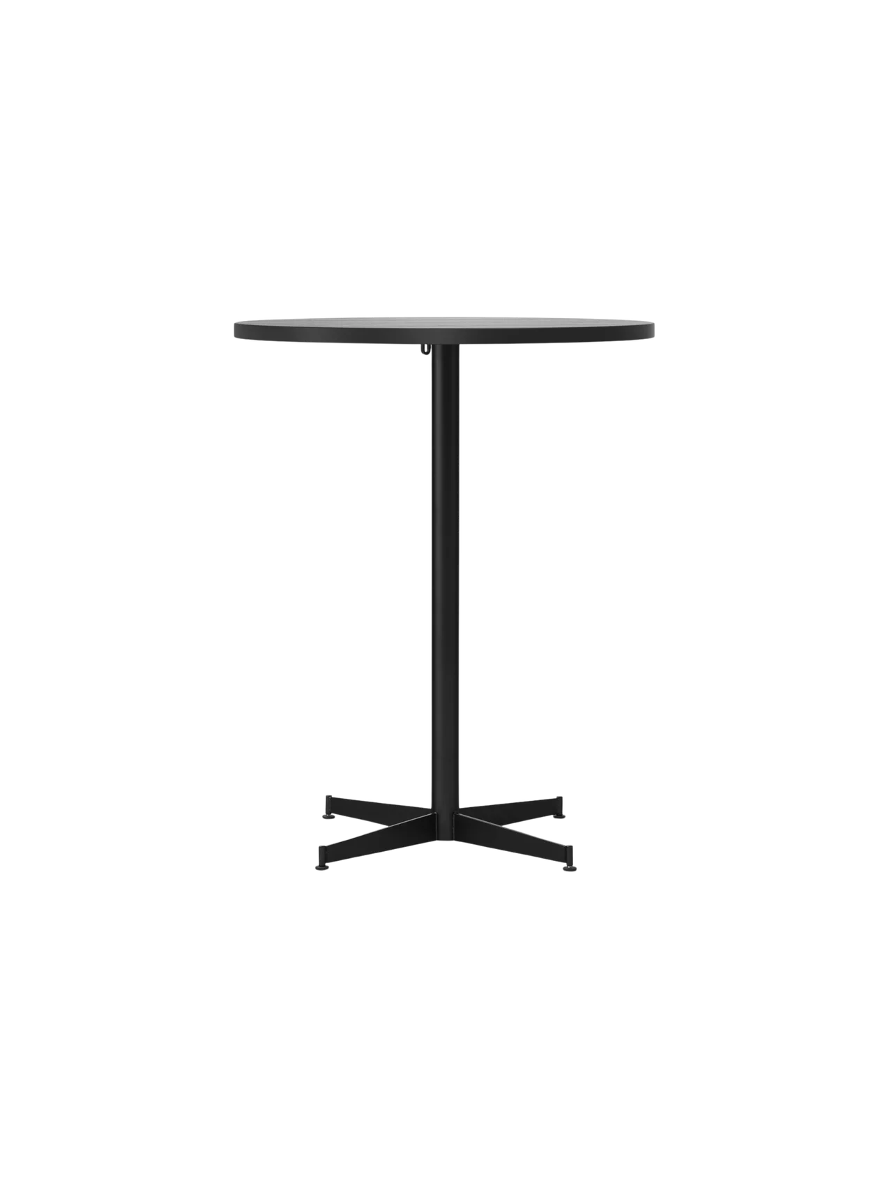 Front view of the Nook Counter Table with a circular, patterned light stone top supported by a slim black pedestal base.