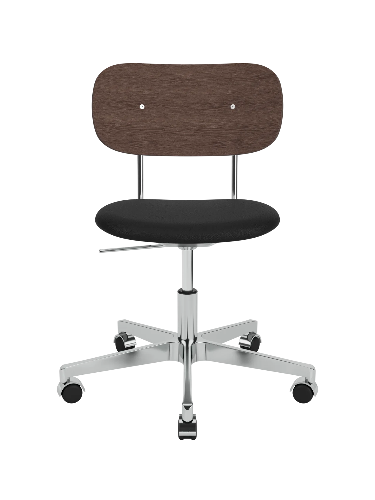 Co Task Chair featuring a black leather seat, dark stained oak backrest and polished aluminium base with castors.