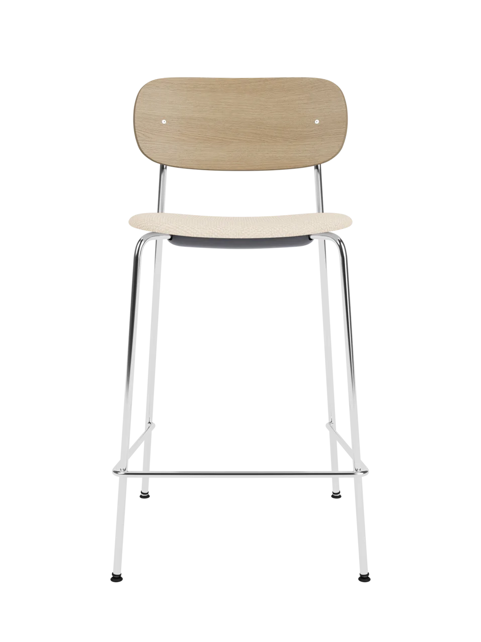 Co Counter Chair with a chrome steel frame, natural oak wood back, and Logan Jasmine upholstered seat.