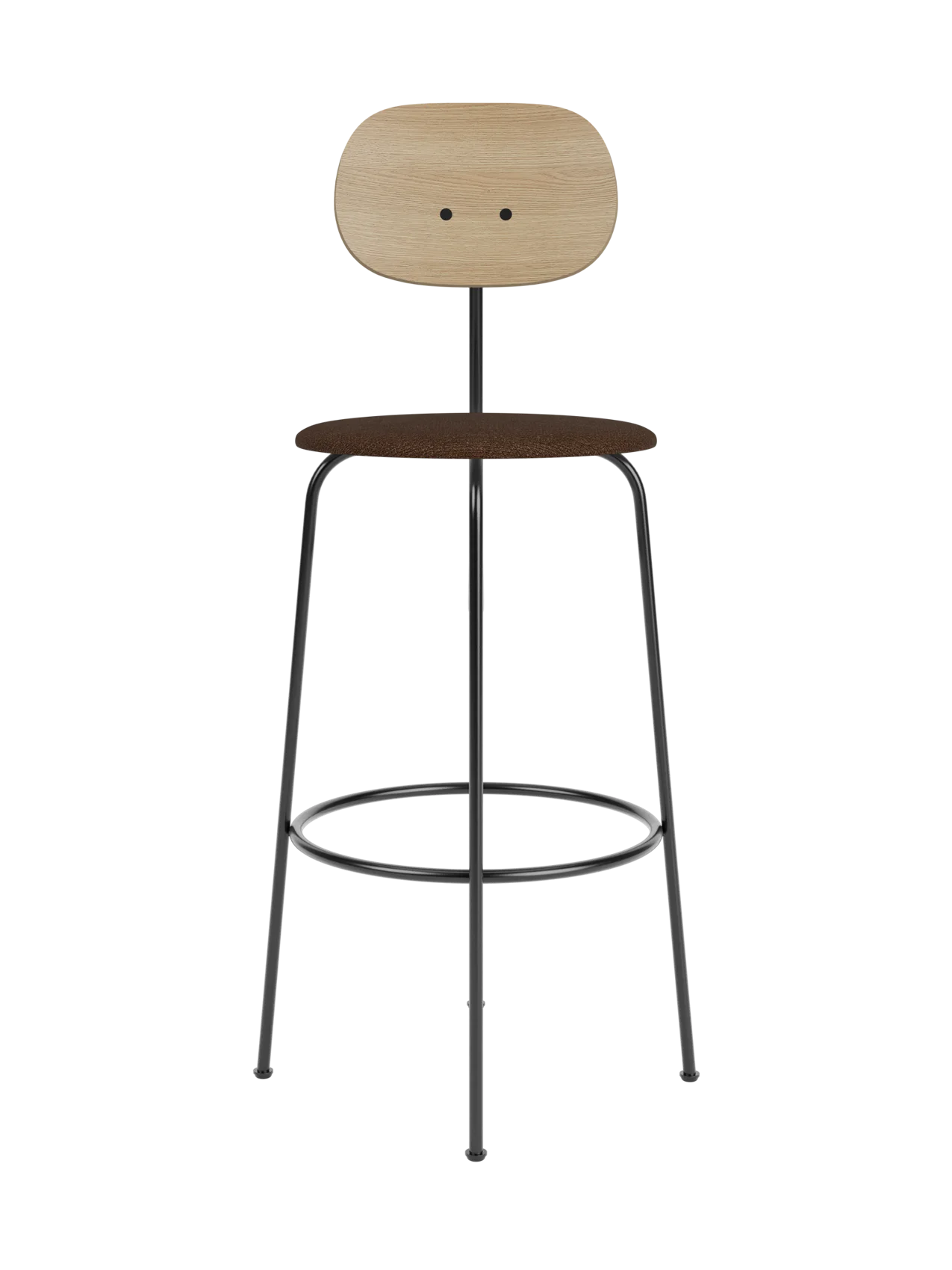 Afteroom Bar Chair Plus featuring a natural oak backrest and brown bouclé seat on a slender black powder-coated frame.