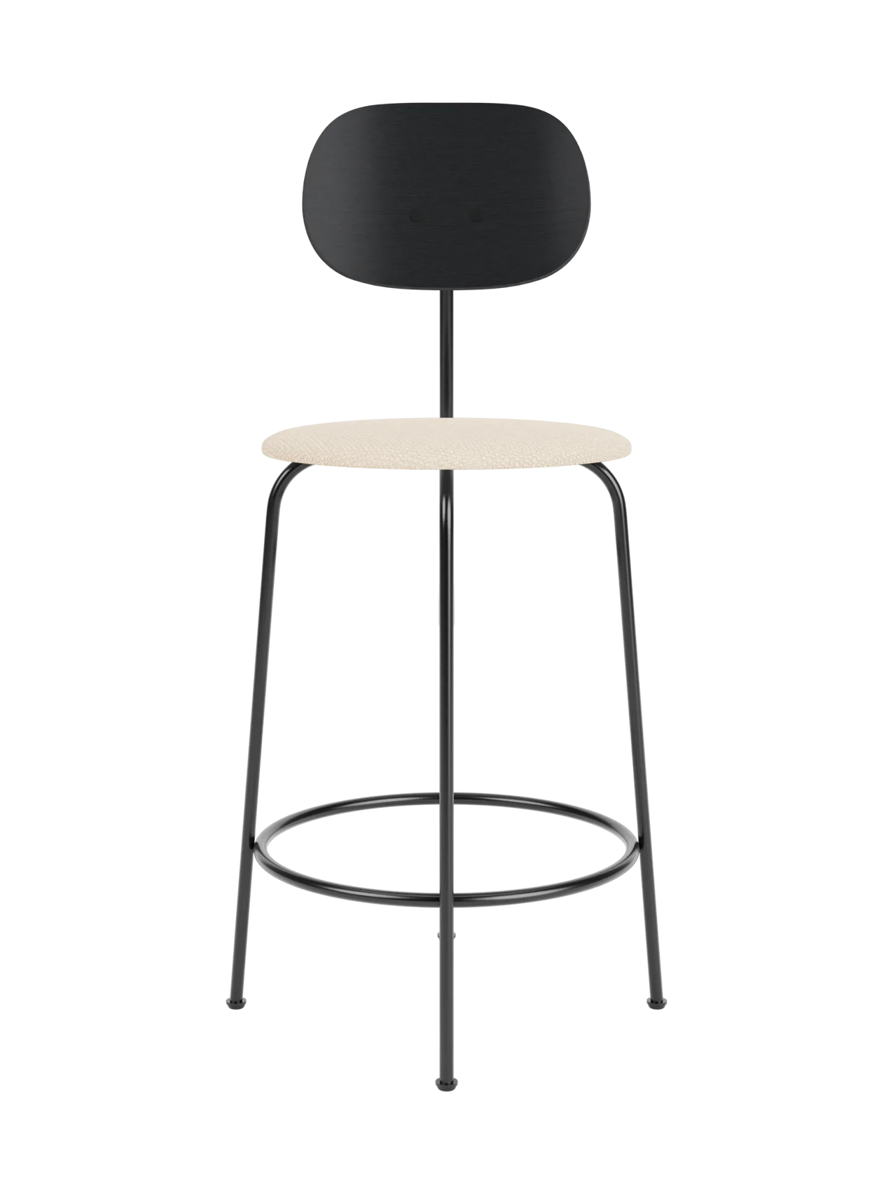 Afteroom Counter Chair Plus with a black painted oak backrest, Logan Jasmine upholstered seat and black metal frame.