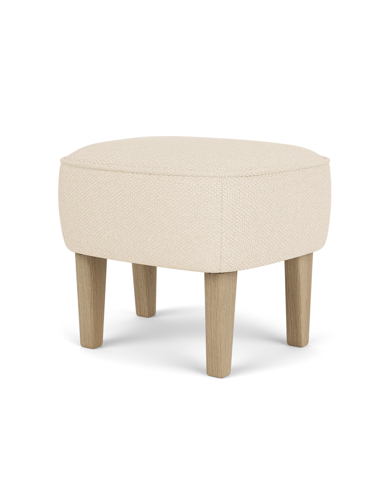 Ingeborg Ottoman in Logan Jasmine textile with natural oak legs, featuring a curved 1940s design by Flemming Lassen.