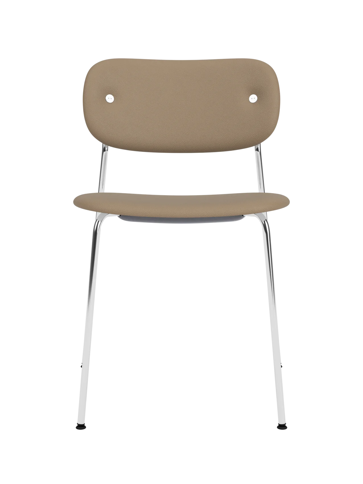 Fully upholstered Co Dining Chair in tan Sierra 1611 leather with a polished chrome frame.