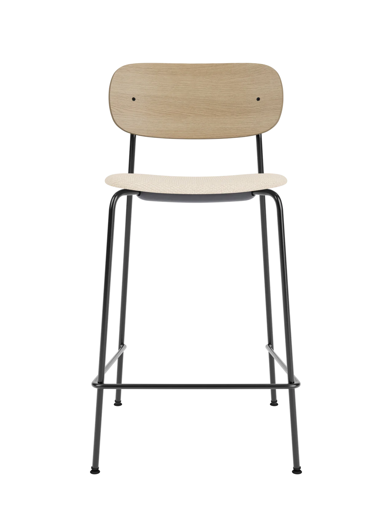 Co Counter Chair with a natural oak backrest and Logan Jasmine upholstered seat on a black powder-coated frame.