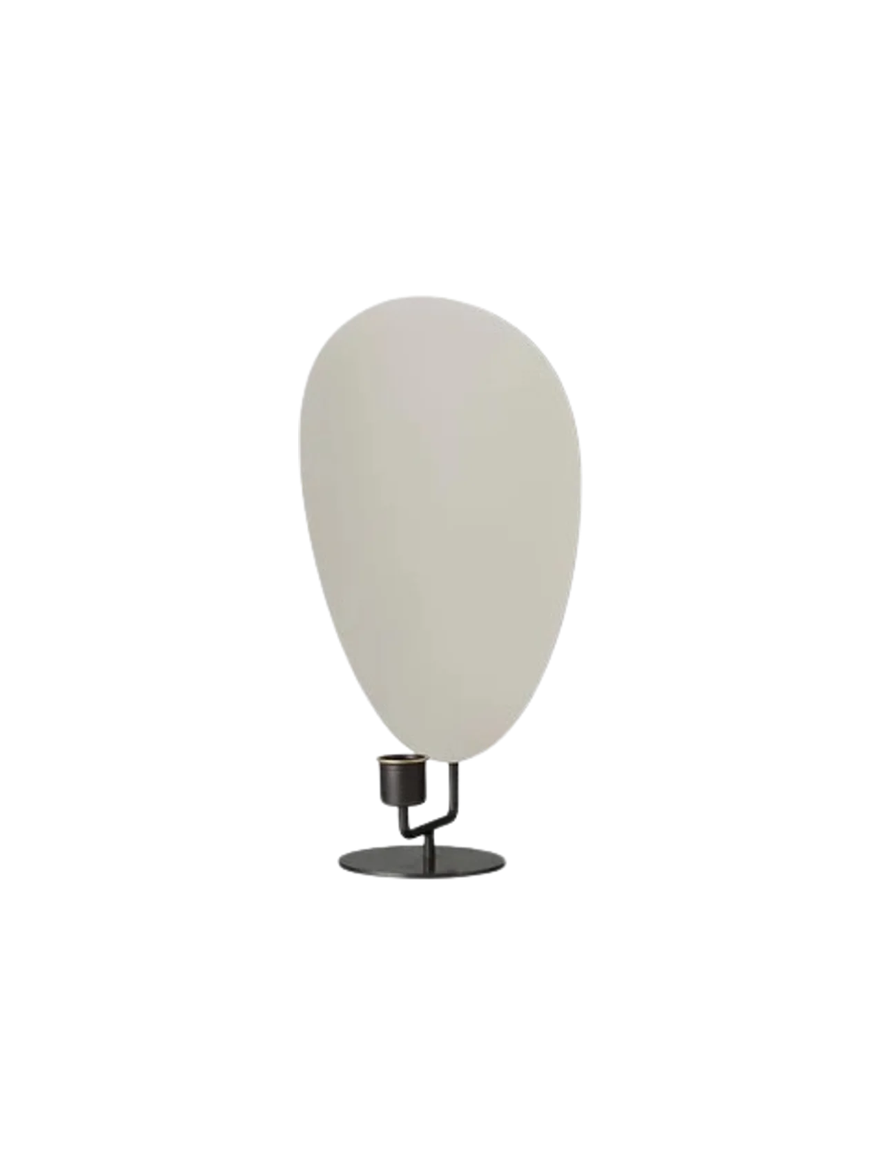 The Flambeau Table Candle Holder in bronzed brass. It has a dark, circular base and a large, sculptural, light grey reflector