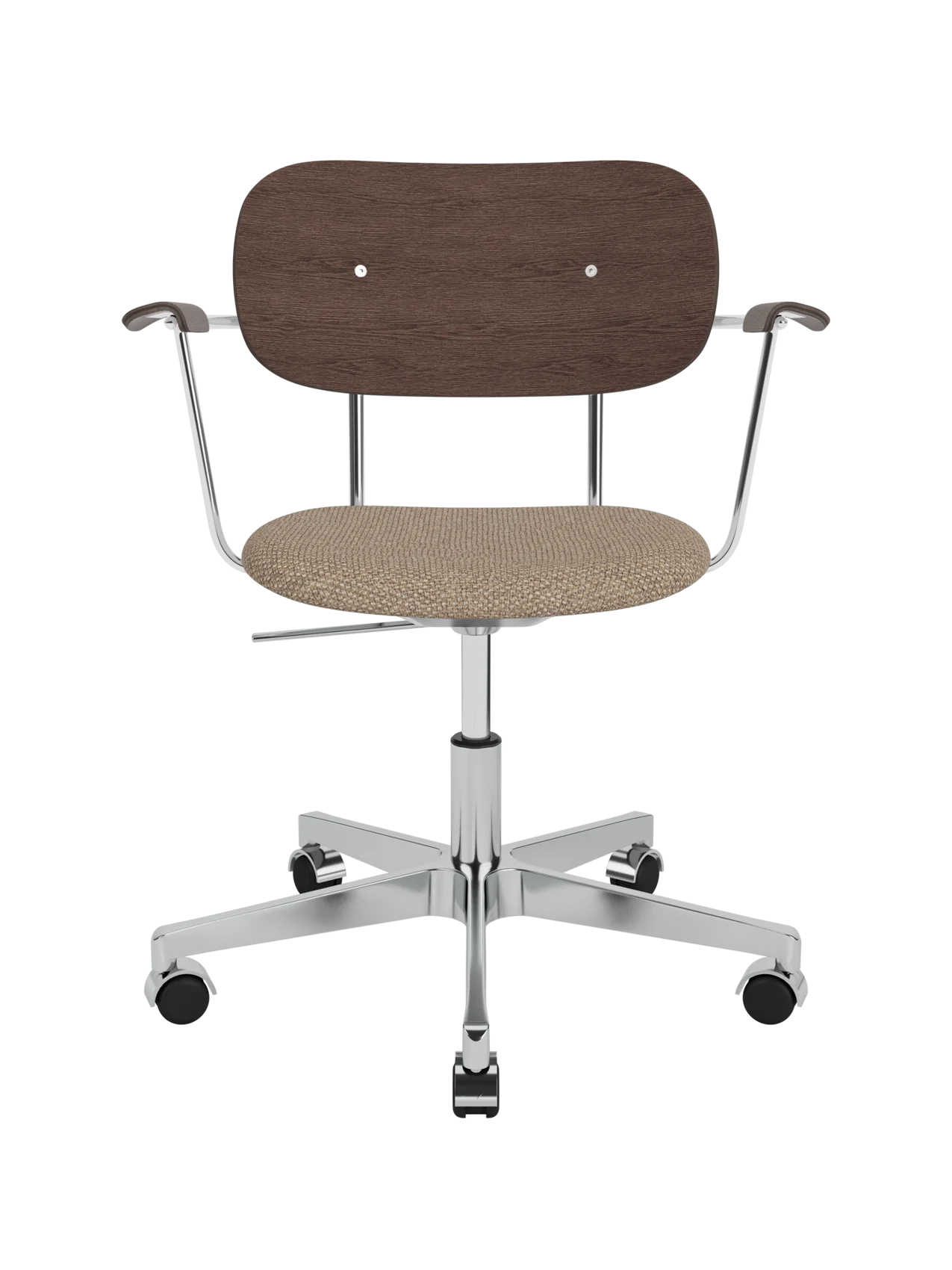 Co Task Chair with a dark stained oak back and armrests, Logan Flint upholstered seat and chrome swivel base with castors.