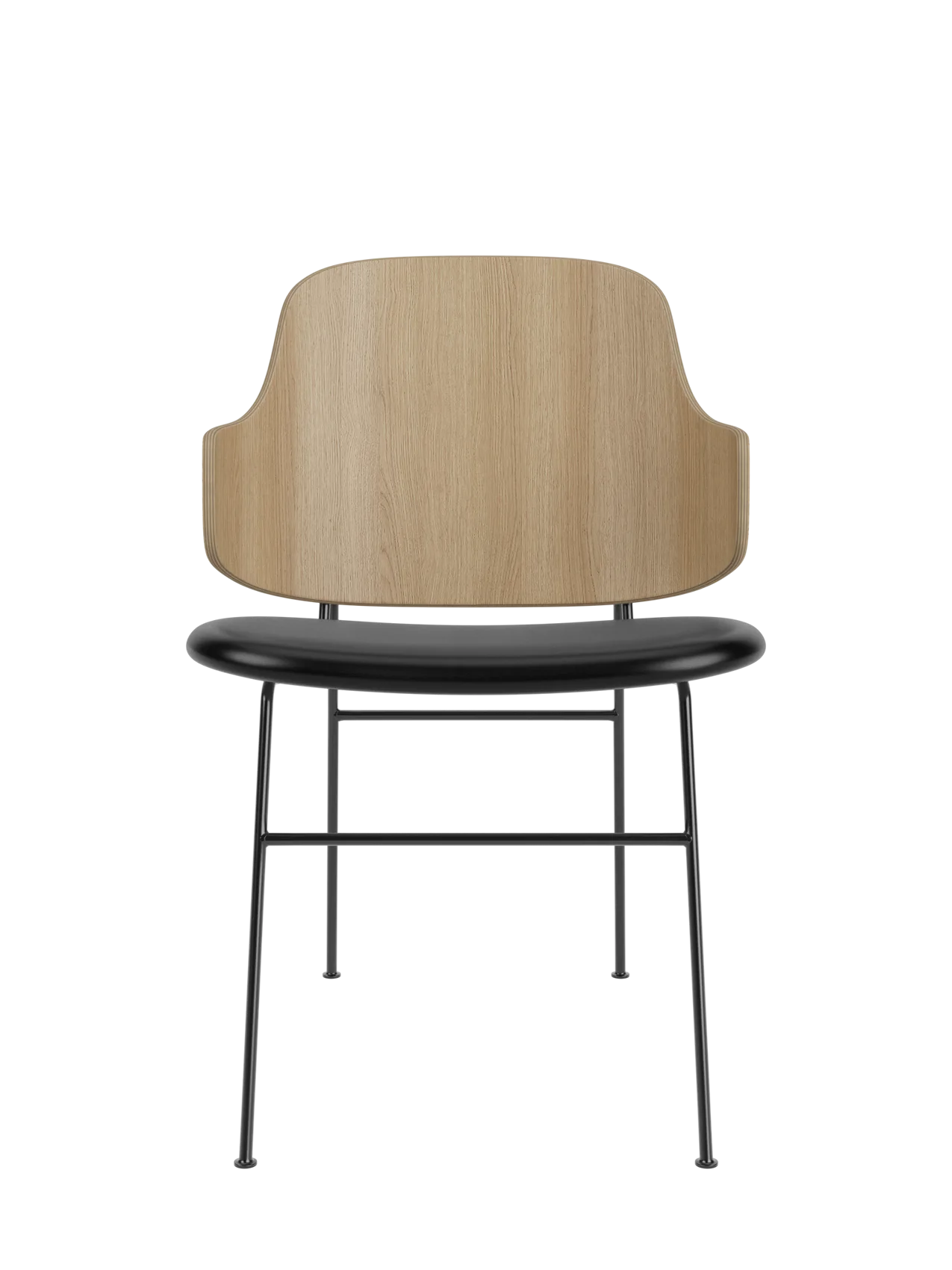 The Penguin Dining Chair featuring a natural oak back, black upholstered seat and a slender black steel frame.