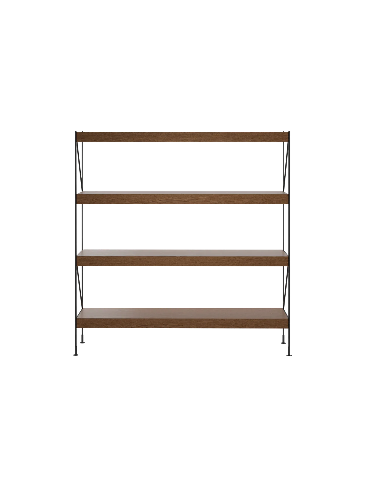 Zet Storage System, a four-tiered shelving unit with dark stained oak shelves and black steel frame, shown from the front.