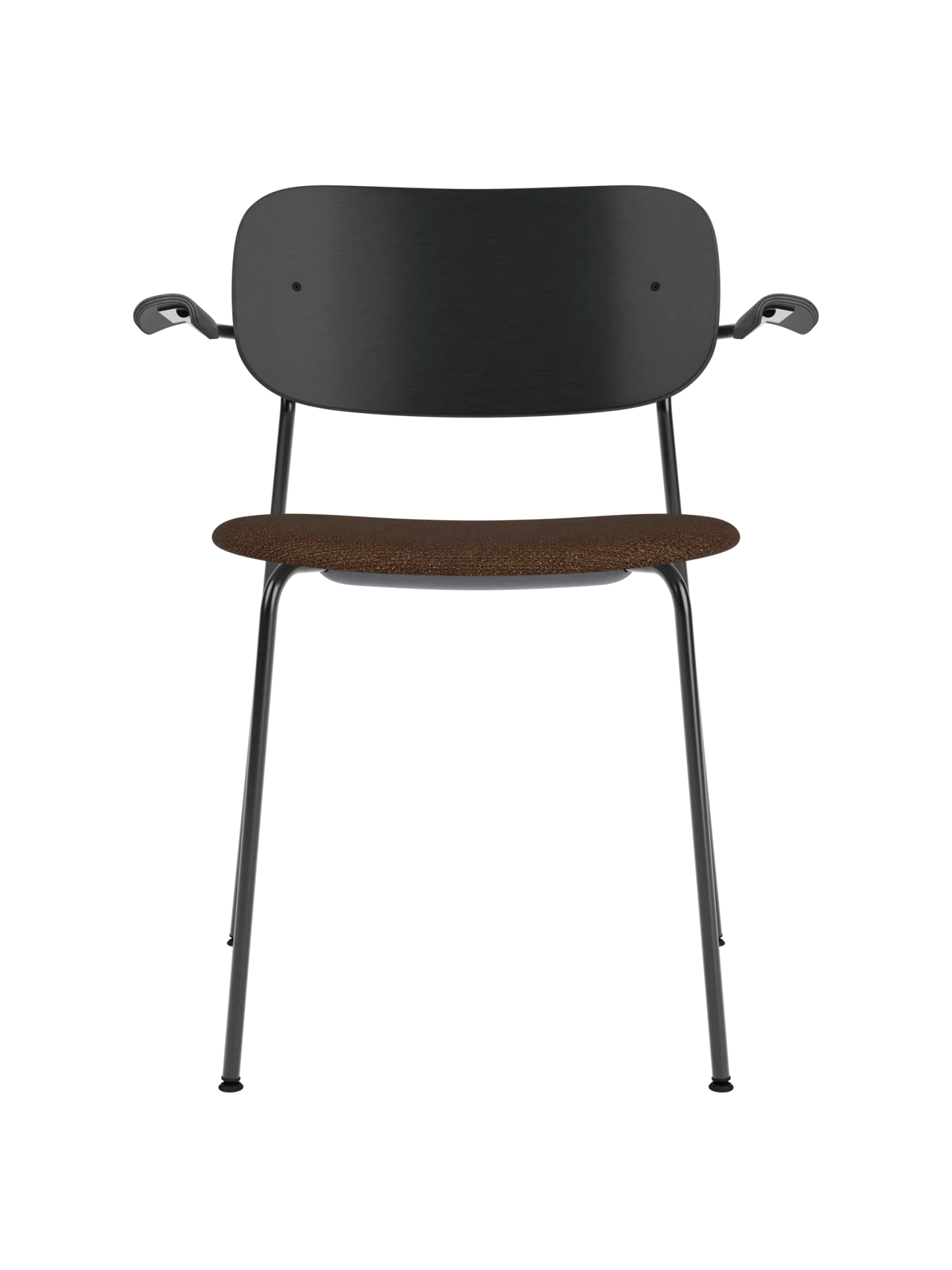 Co Dining Chair with armrests, black frame, black painted oak backrest, and a textured brown bouclé upholstered seat.