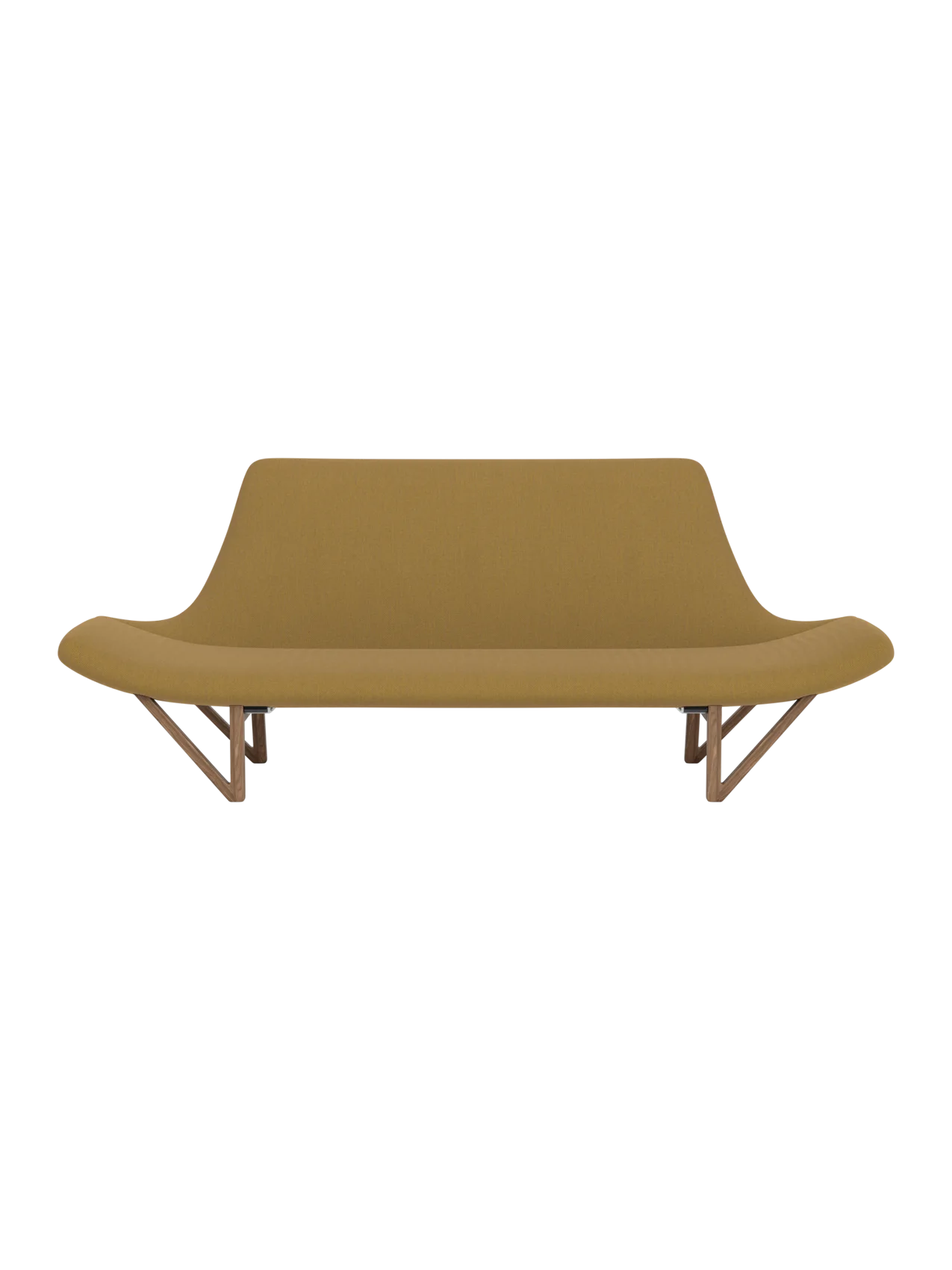 The Pagode Sofa, viewed from the front. It has yellow Re-Wool upholstery, low curved armrests, and V-shaped walnut legs.