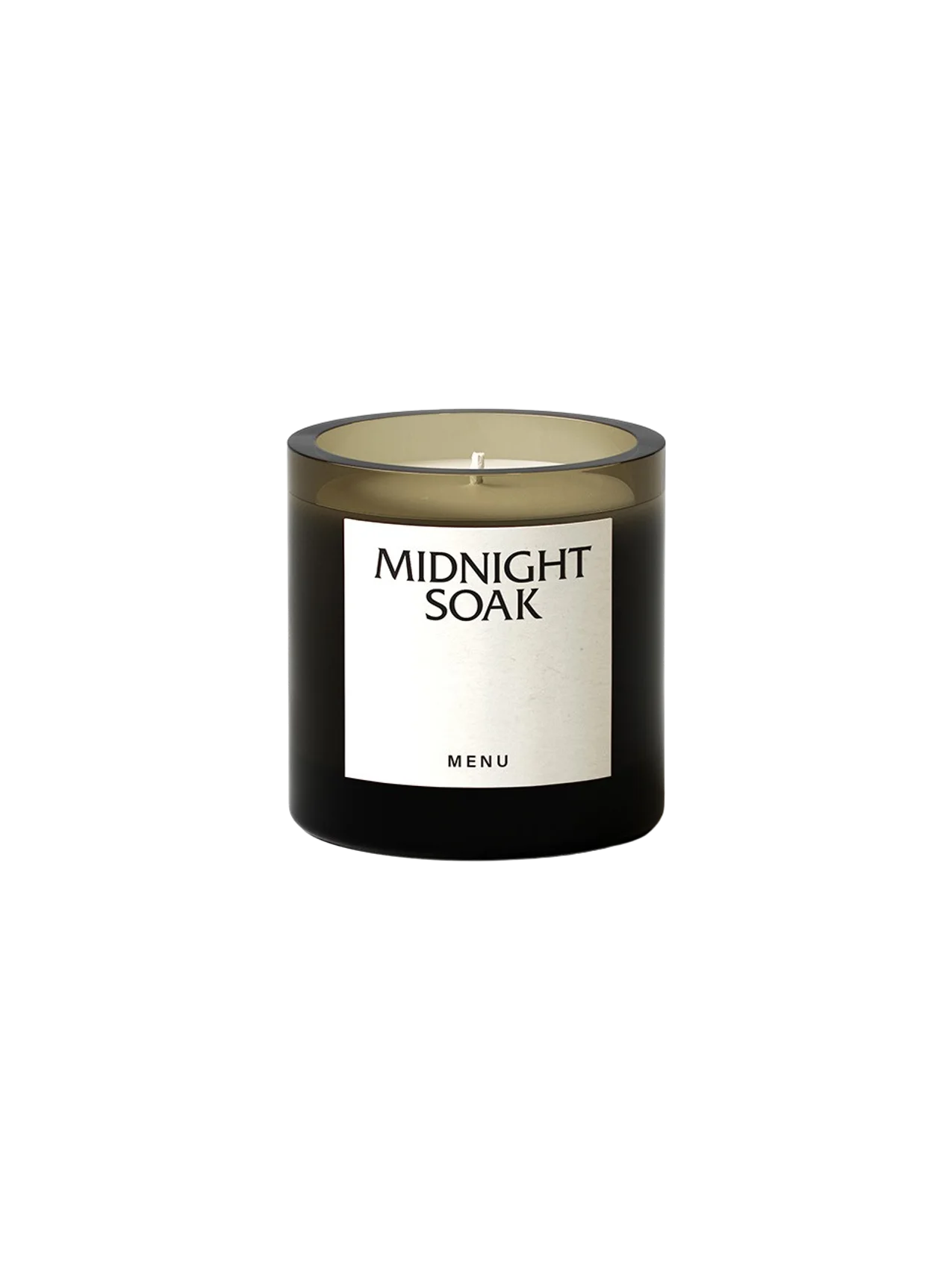 The Olfacte Scented Candle 'Midnight Soak' is presented in a dark, smoked glass jar with a minimalist white label.