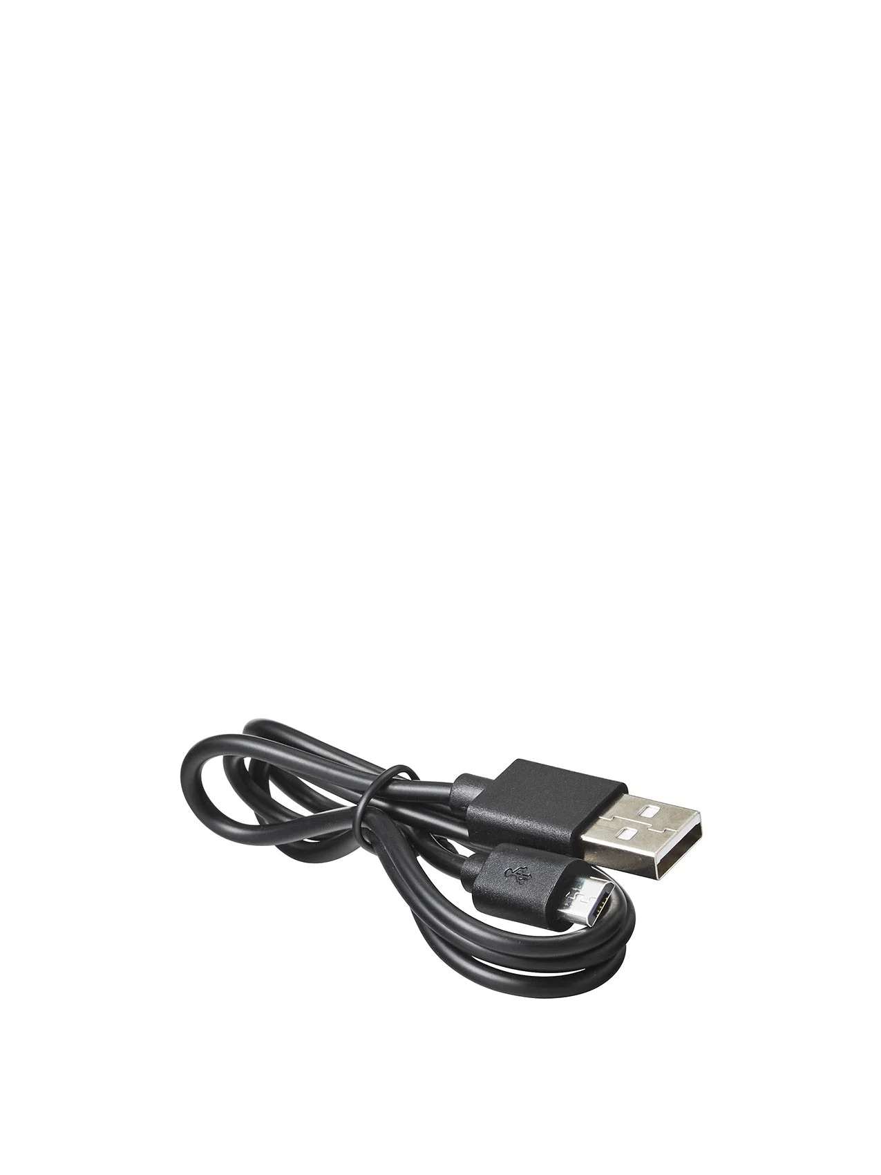 A coiled black USB-A to micro-USB charging cable on a white background.