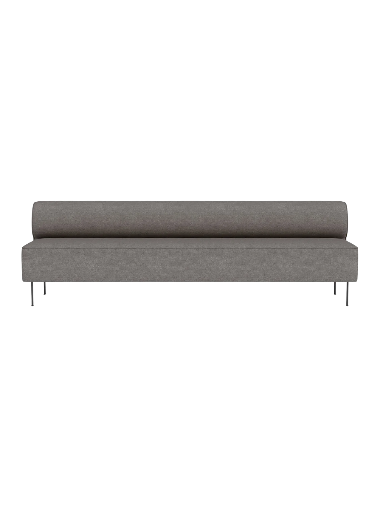 Front view of the Eave Dining Sofa, Open section module, upholstered in grey Audo Bouclé 16 fabric on a black background.