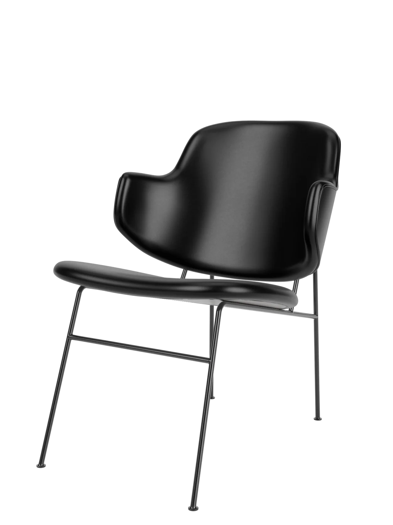 Three-quarter view of The Penguin Lounge Chair, fully upholstered in black leather with a black powder-coated steel frame.