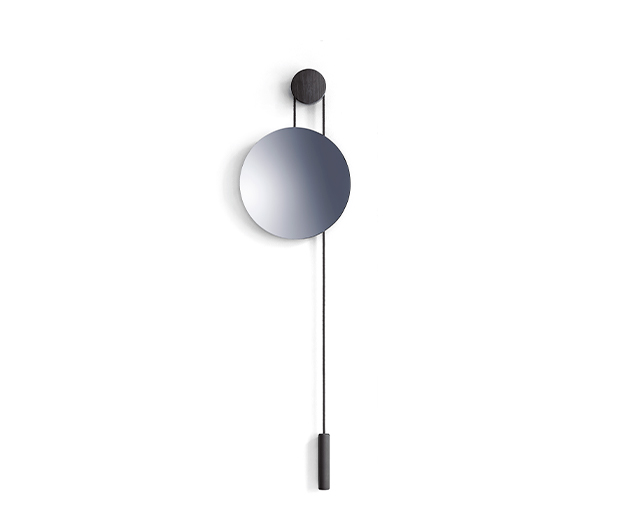(New Works 2025) - Rise & Shine Wall Mirror_ Pendant Wall Lamp - (Burned Oak w. Steel Weight) - 11411