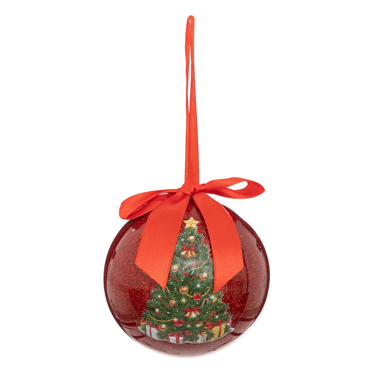 Bola decorativa vermelha com glitter e pinheiro 10cm da hôma, fotografia 1