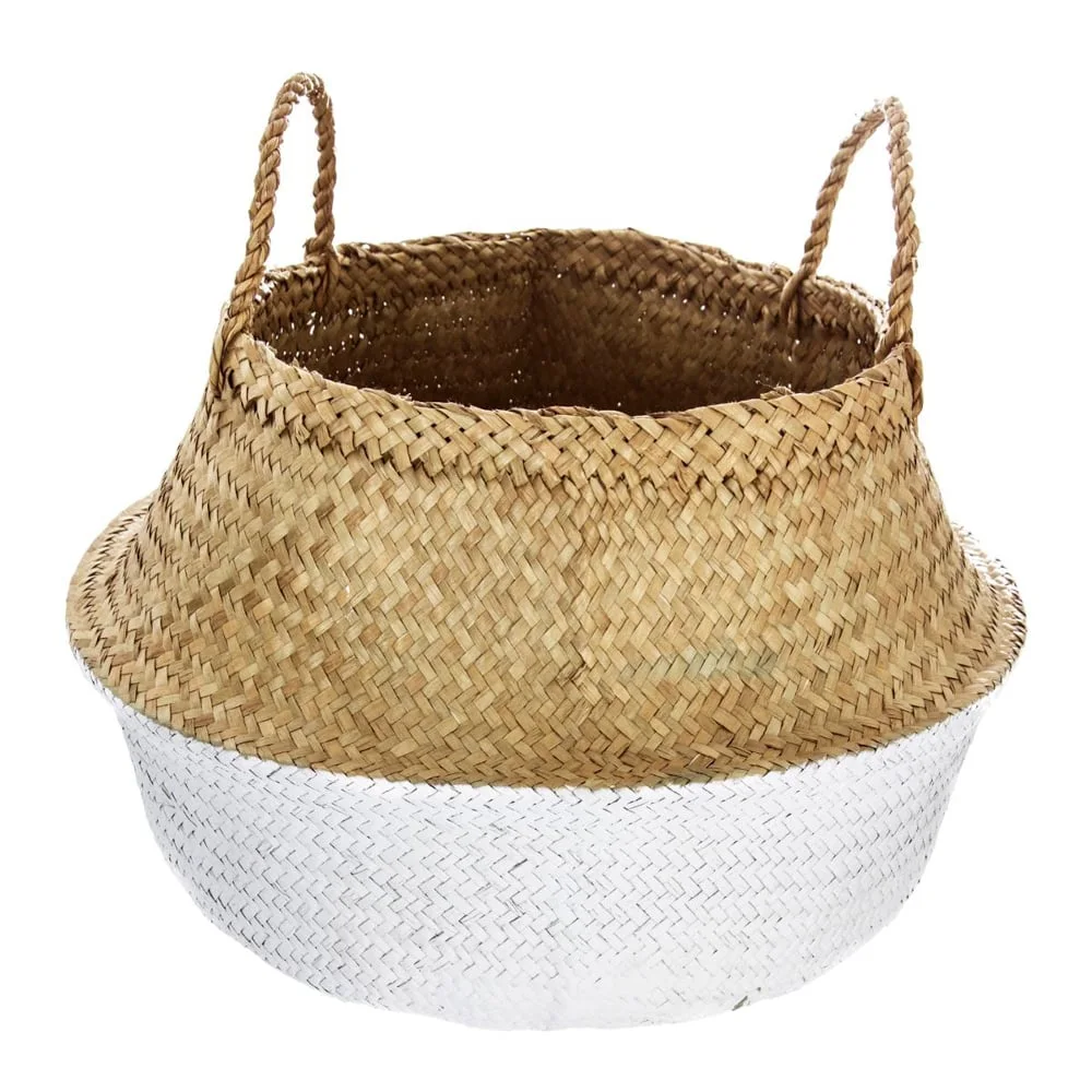 Cesto decorativo seagrass natural e base branca com pegas da hôma, fotografia 1