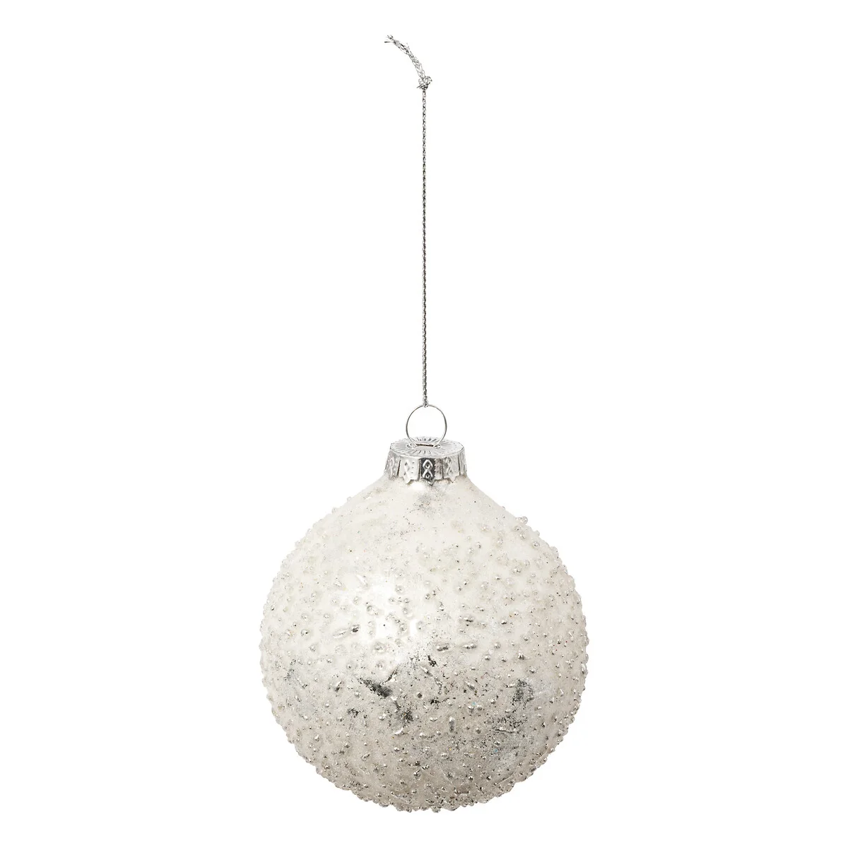 Bola relevo efeito missangas branco e prateado 8cm da hôma, fotografia 1